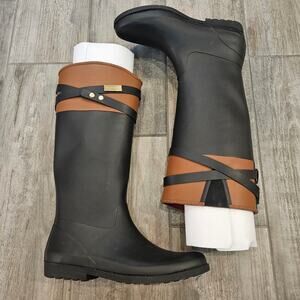 Tommy Hilfiger Coree Rain Boots Womens 10 Black Rubber Knee High Equestrian Chic